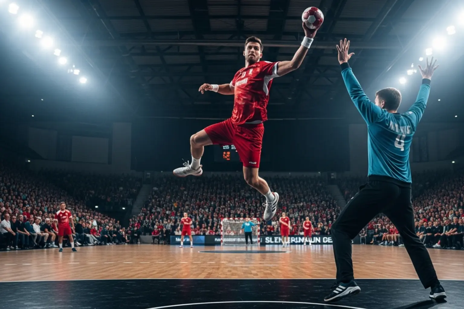 Handball-Bundesliga Wetten – Spieler wirft auf das Tor in einer vollen HBL-Halle