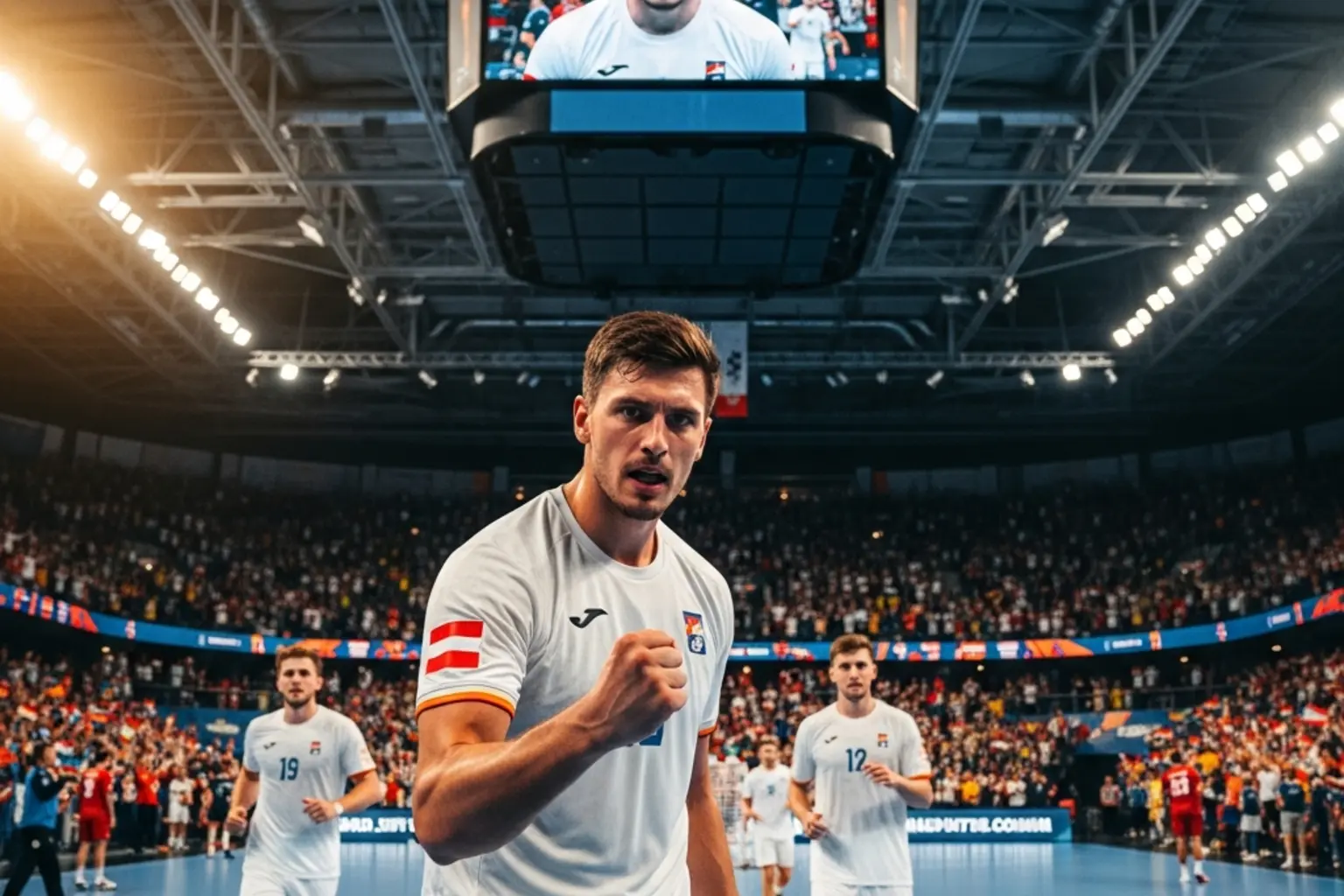 Handball EM und WM Wetten – Nationalspieler im Turniermatch mit Länderflaggen