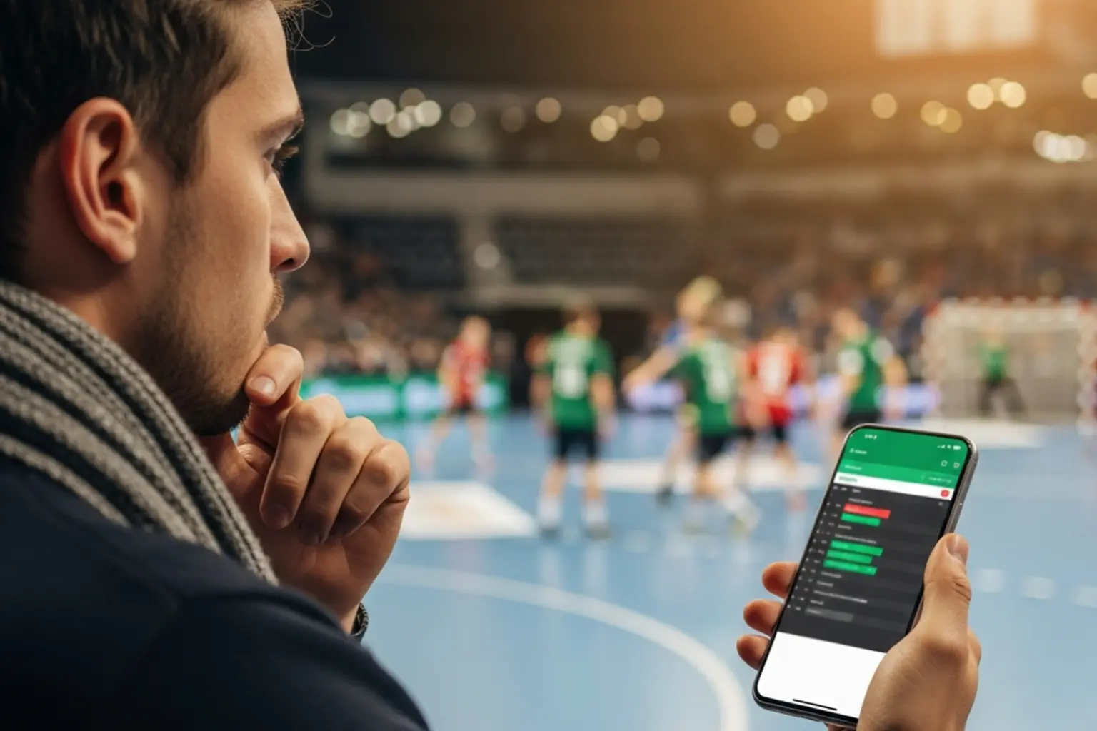 Handball Livewetten Strategie – Fan beobachtet ein laufendes Handballspiel auf dem Smartphone