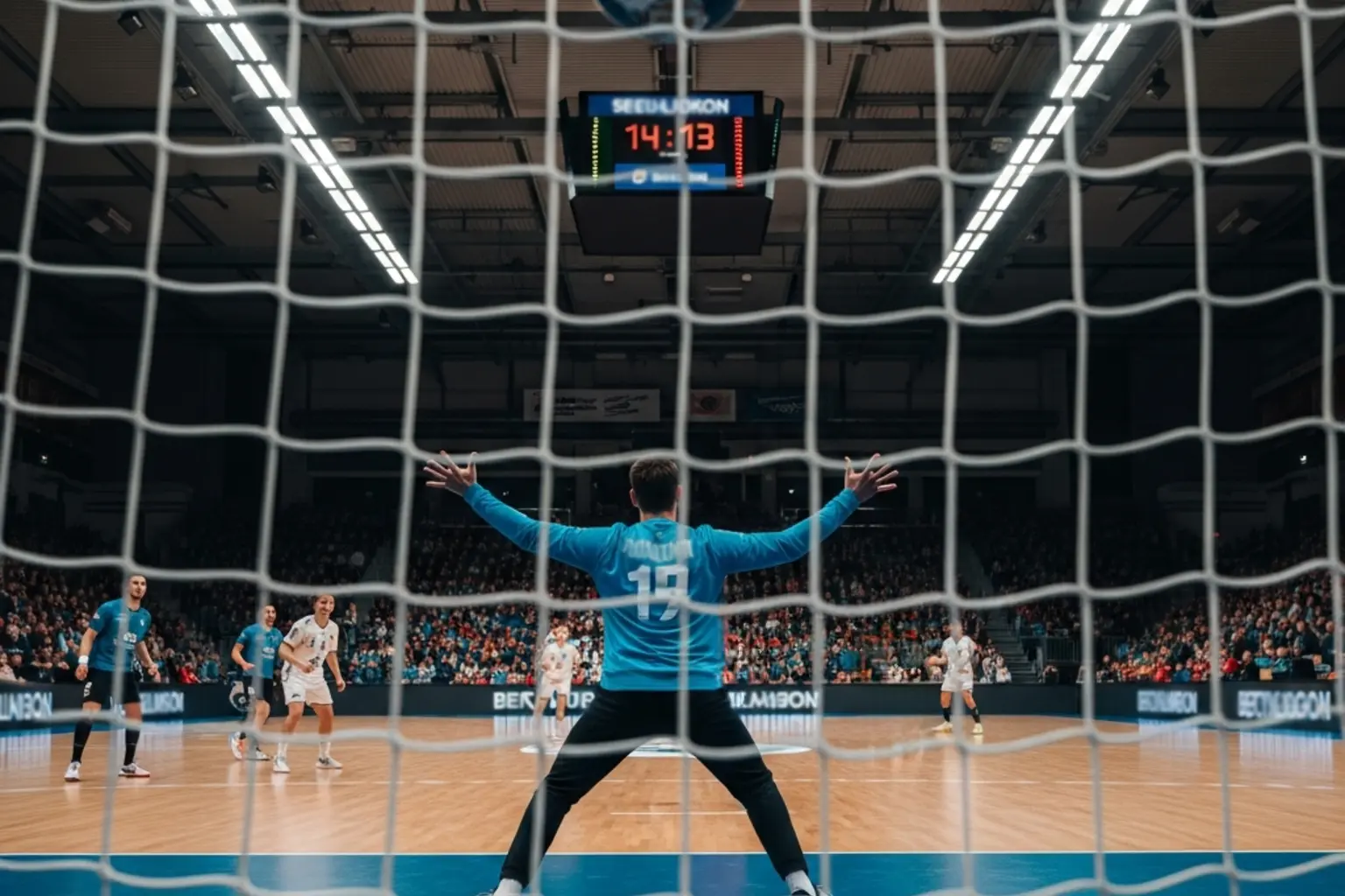 Handball Wettarten erklärt – Nahaufnahme eines Handballspiels mit Anzeigetafel